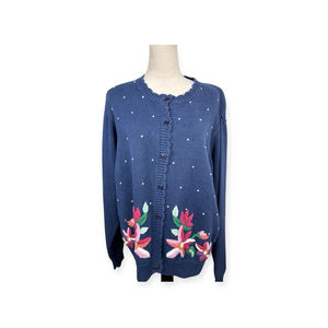 Segue Vintage Blue Floral Embroidered Button-Up Cardigan Sweater Size 1X